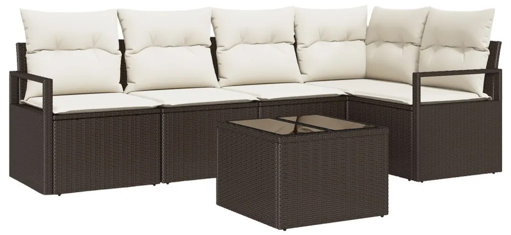 5 részes kerti kanapé szett párnákkal, szürke poli rattan, 2 fős kerti kanapé párnákkal, barna poli rattan