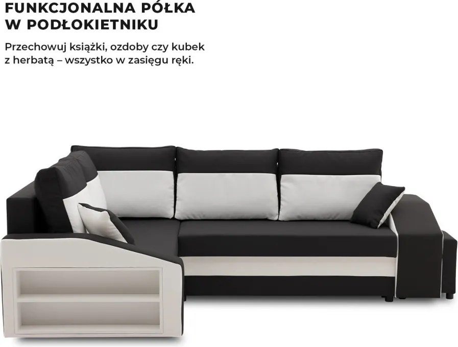 Grande sarokkanapé polcokkal és puffokkal , polc a bal karfaban puffok a jobb karfaban, baloldali, szövet anyag, bonell töltet, fekete - fehér