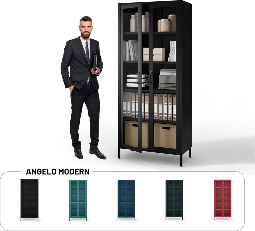 ANGELO üveges vitrin nappaliba – fekete fém, 800 x 1850 x 450 mm