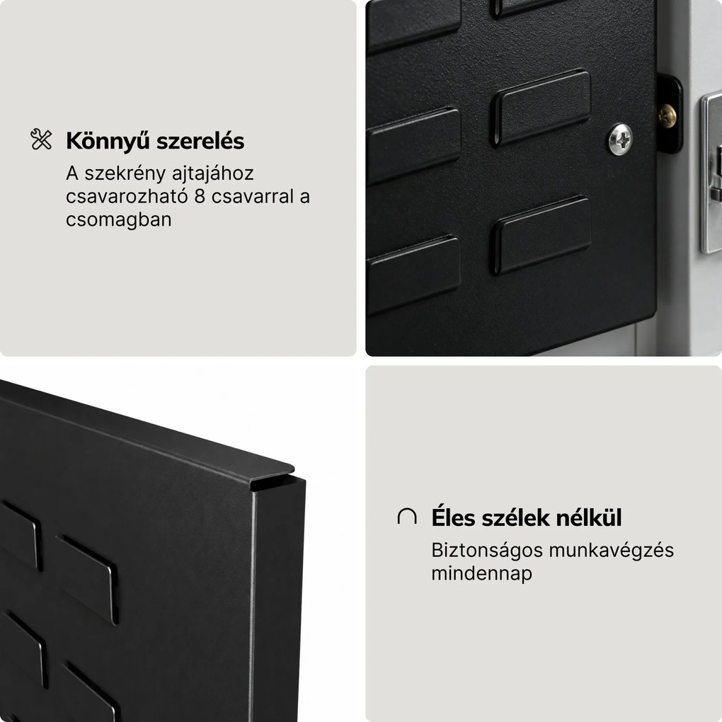 Ajtóra szerelhető, fekete perforált tábla tárolókhoz, 334x684x18 mm: MEGAN kiegészítők