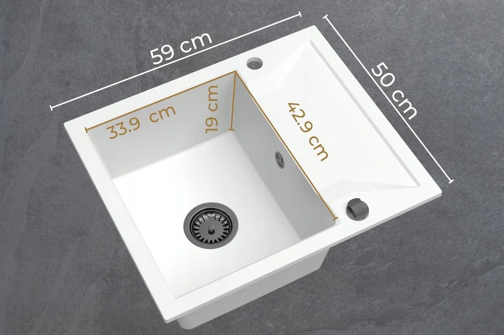 Mosogató Minőségi Obszidián, konyhai gránit mosogató 590x500x210 mm + arany szifon, fehér, SKQ-OBS.W.1KKO.XG