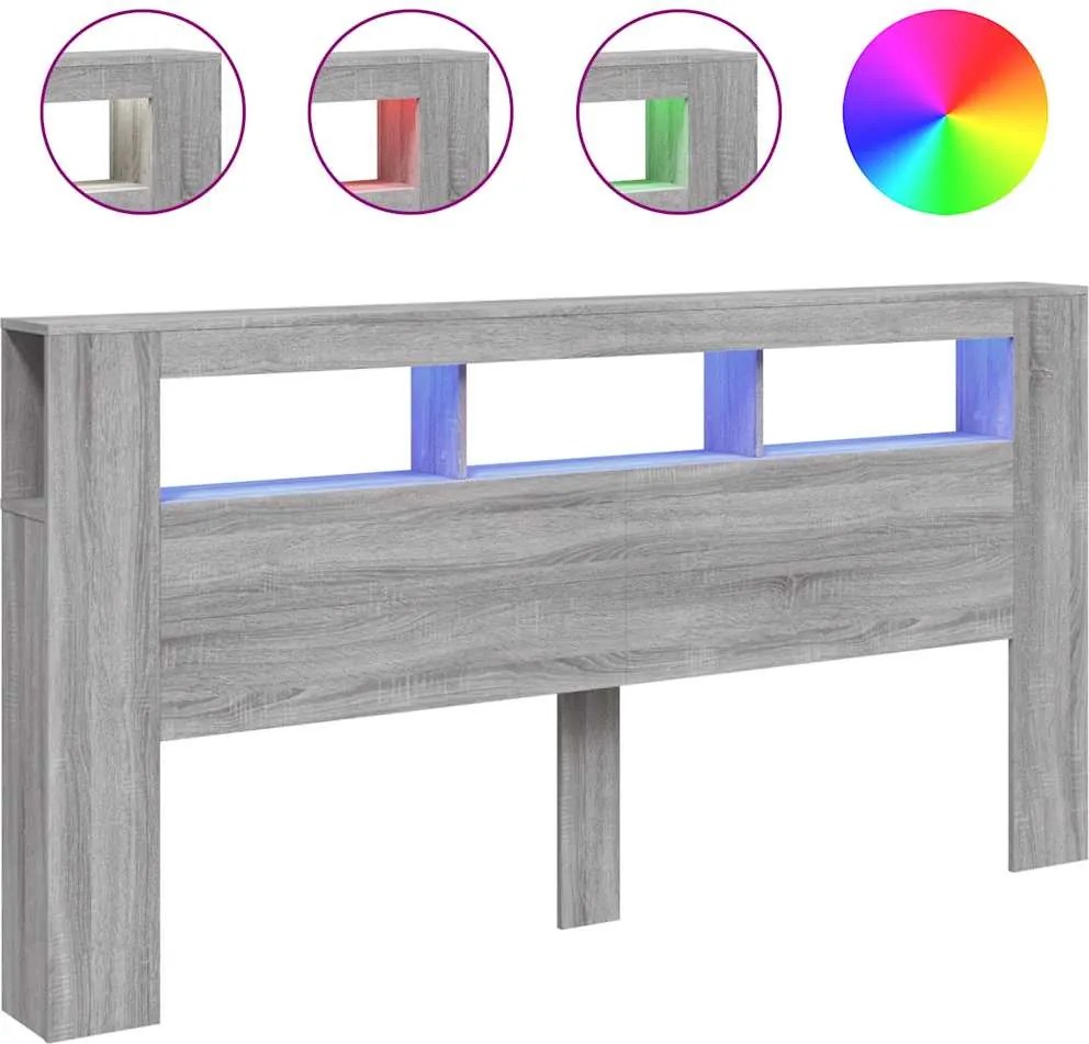 vidaXL szürke sonoma szerelt fa LED-es fejtámla 200 x 18,5 x 103,5 cm