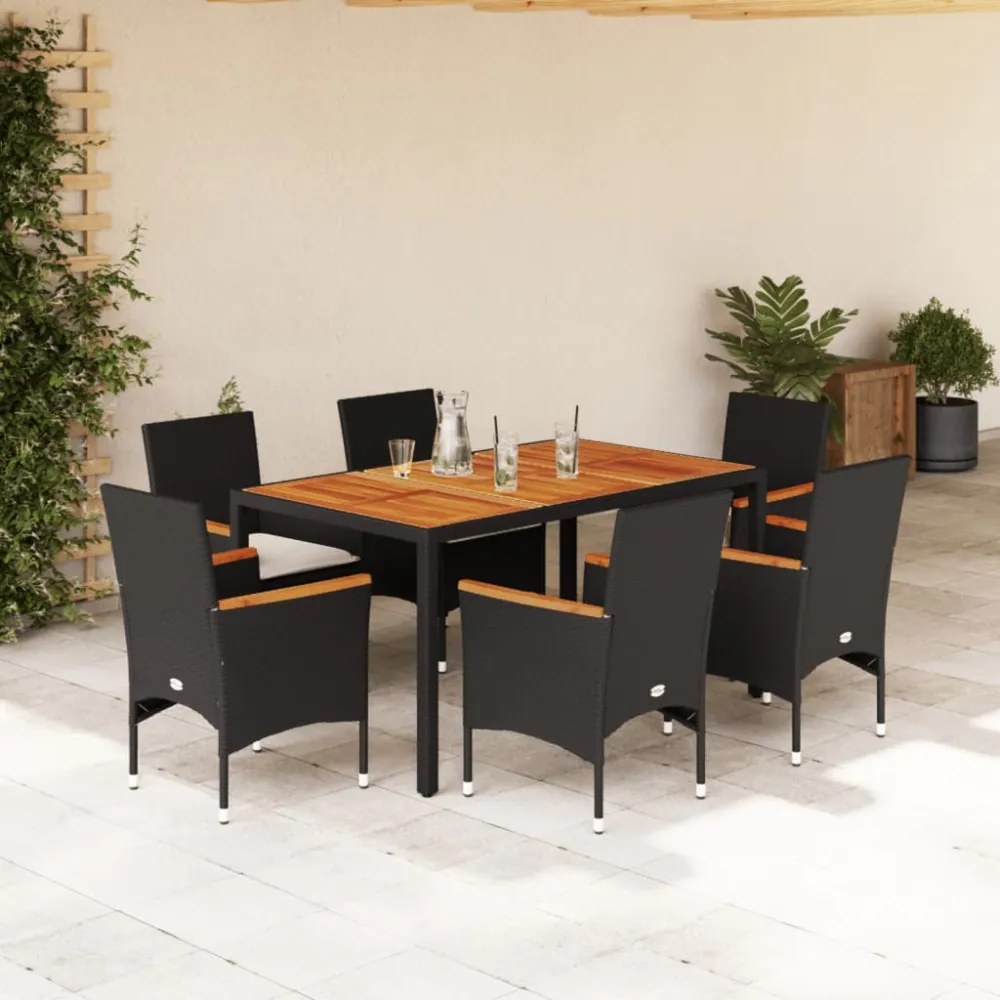 vidaXL7részes fekete polyrattan/akácfa kerti étkezőgarnitúra párnákkal