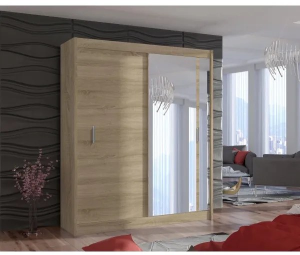 SABRINA gardróbszekrény tükörrel, 180x215 cm, sonoma tölgy