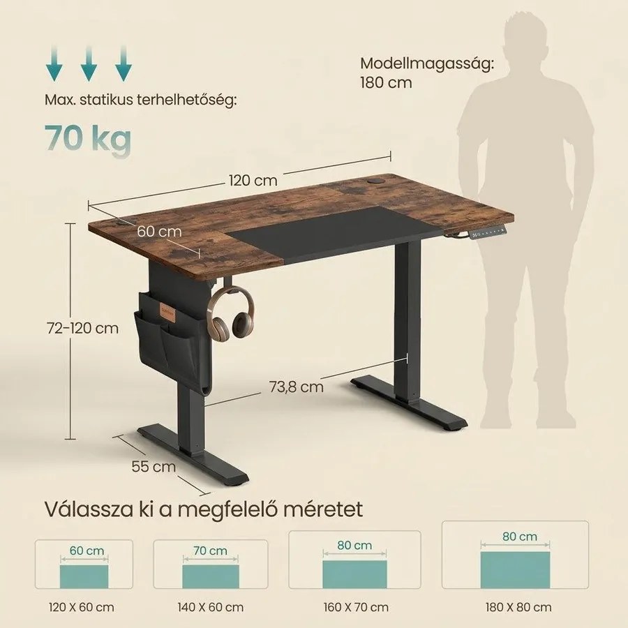 Állítható magasságú elektromos íróasztal memória funkcióval 120x60 cm, vintage barna/alapfekete