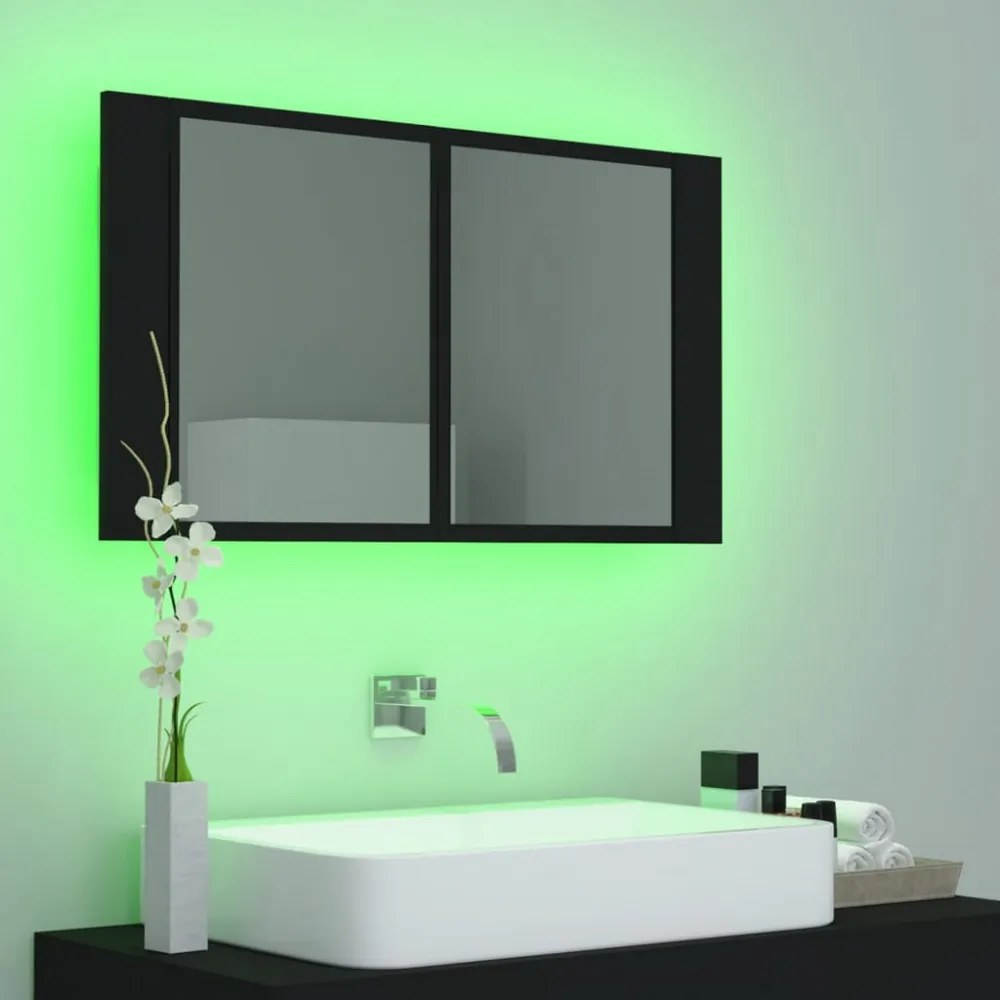fekete akril LED-es tükrös fürdőszobaszekrény 80x12x45 cm