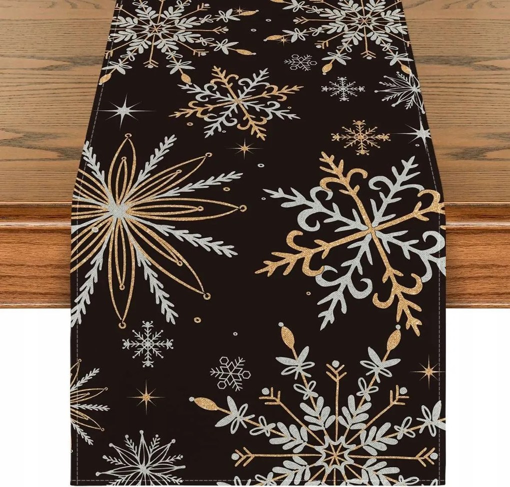 Karácsonyi dekorációs asztalterítő hópelyhekkel fekete 40 x 100 cm
