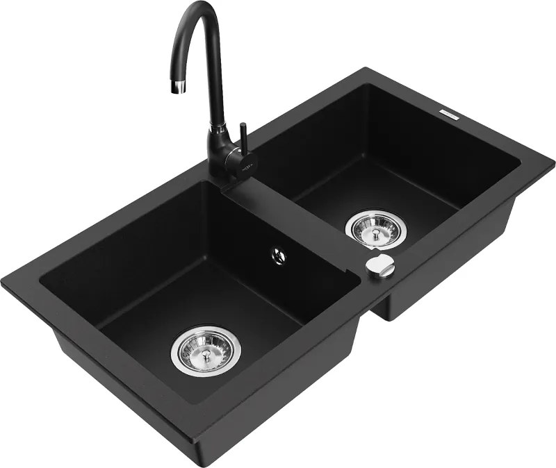 Mexen Mario 2-medencés gránit mosogató Telma konyhai csapteleppel, fekete - 6504-77-670200-70