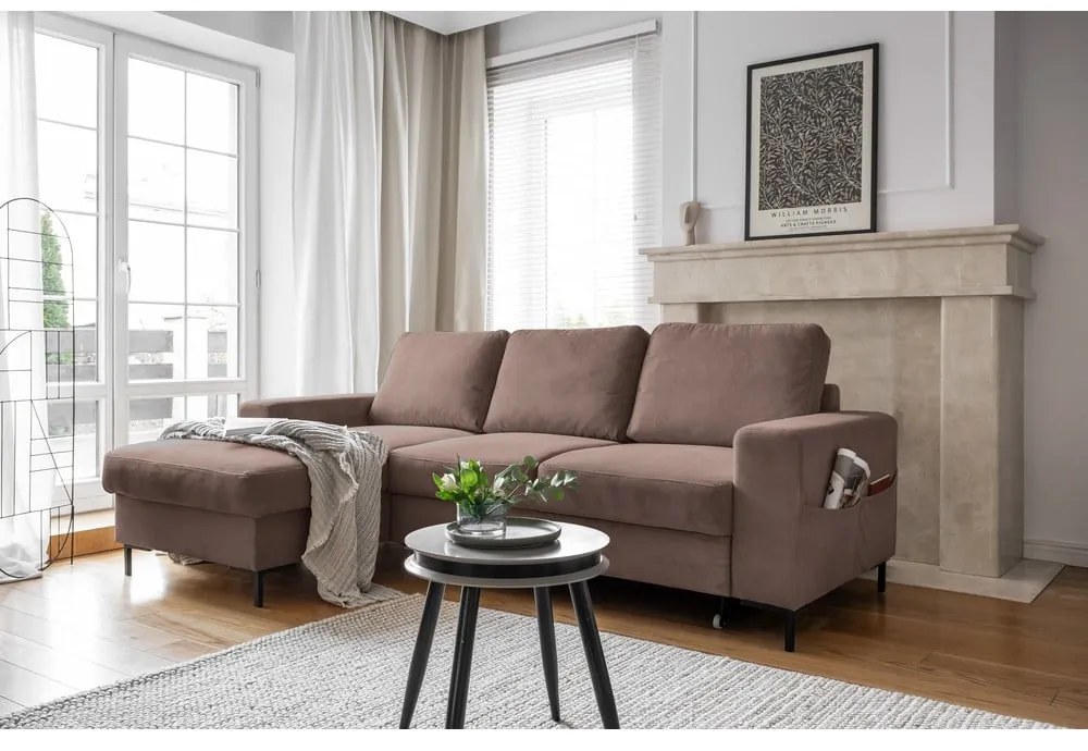 Barna kordbársony kinyitható sarokkanapé (bal oldali) Lofty Lilly – Miuform