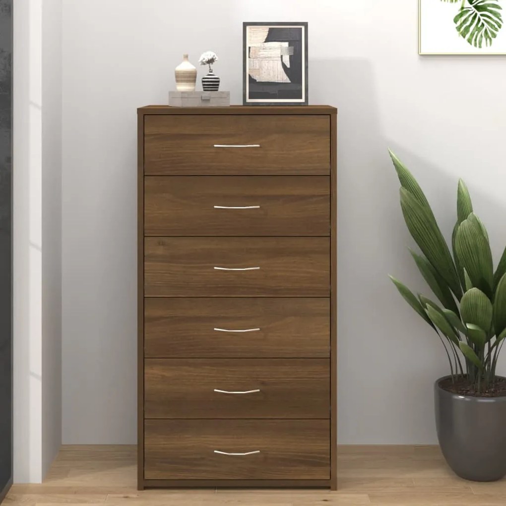barna tölgy színű szerelt fa komód 6 fiókkal 50 x 34 x 96 cm