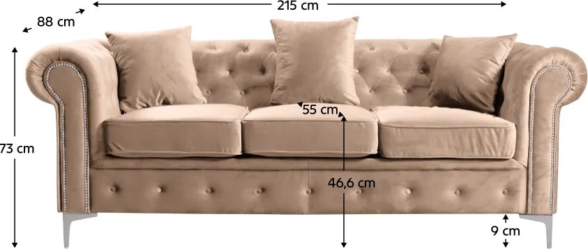 Kinyitható luxus 3-as ülés, világosbarna Velvet szövet, ROMANO