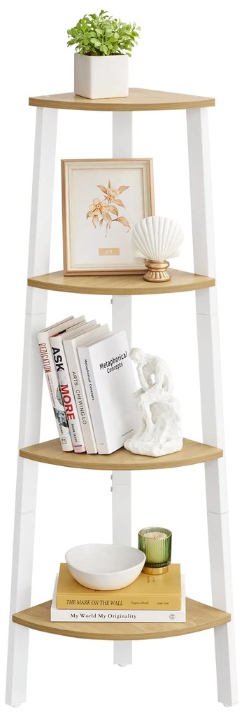 Sarokkönyvespolc, 4 szintes létrás polc 33×33×125 cm, natúr - fehér színben