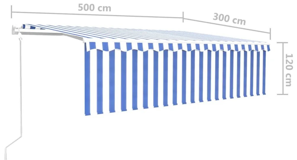 kék és fehér redőnyös, szélérzékelős, LED-es napellenző 5x3 m