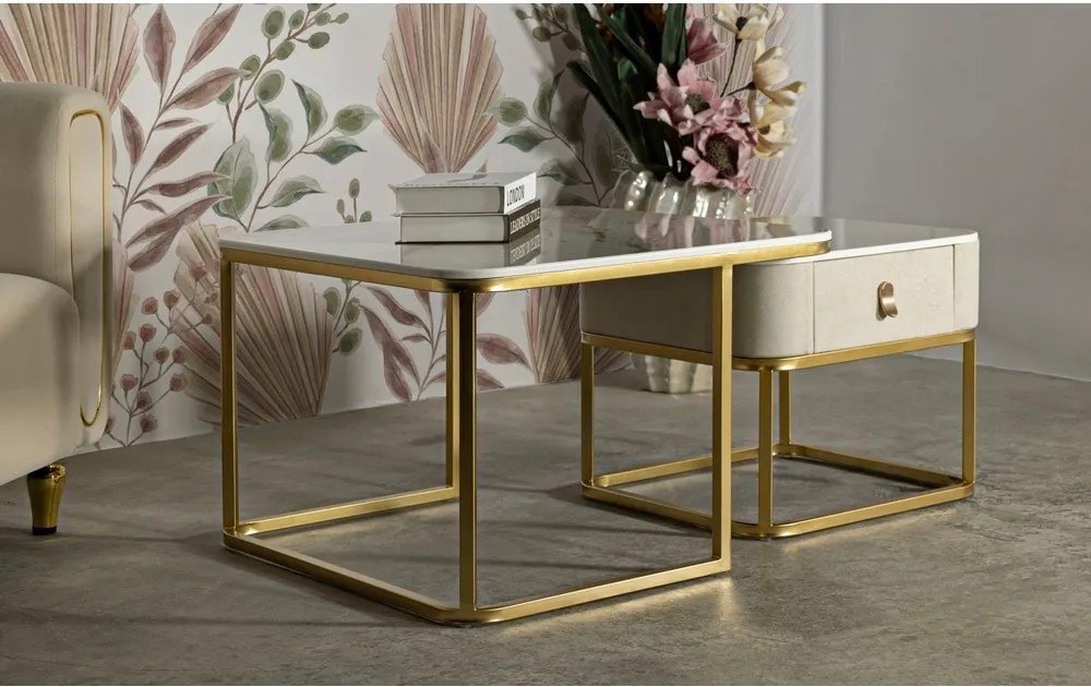 Krémszínű-aranyszínű dohányzóasztal szett márvány dekorral, 2 db-os 50x70 cm Beauty – Mauro Ferretti