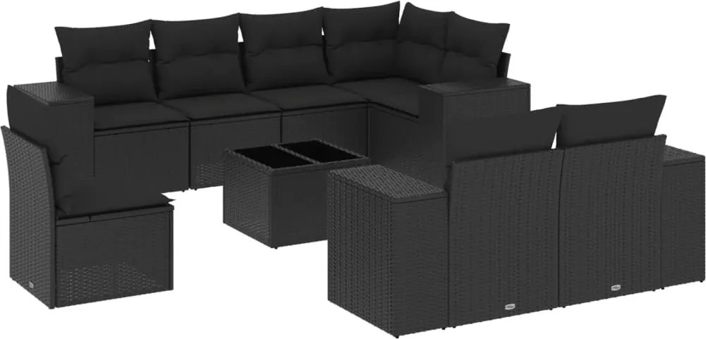 vidaXL 9 részes fekete polyrattan kerti ülőgarnitúra párnákkal