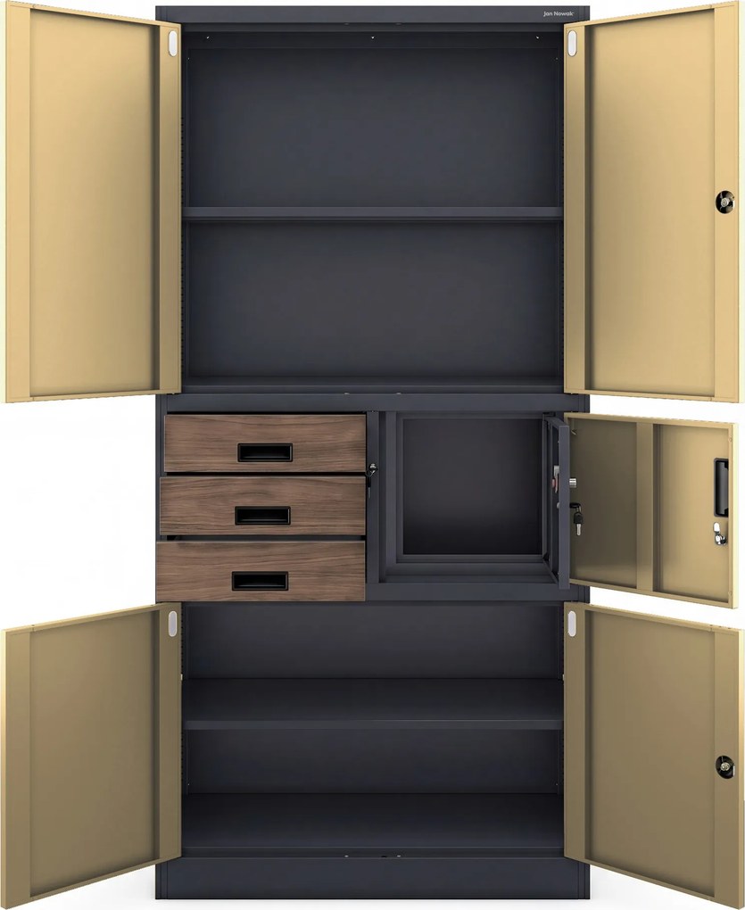 Fém irodai szekrény széffel, antracit, dió, 900x1850x400 mm: FILIP II Eco Design