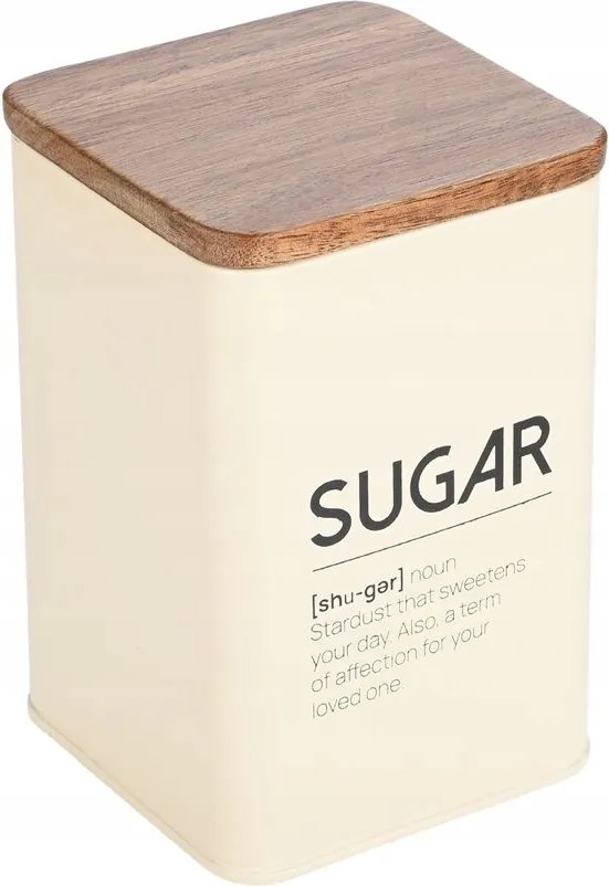 Fém cukortartó doboz fa fedéllel és felirattal bézs