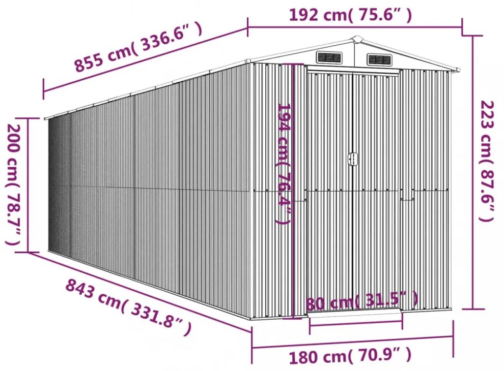 sötétbarna horganyzott acél kerti fészer 192 x 855 x 223 cm