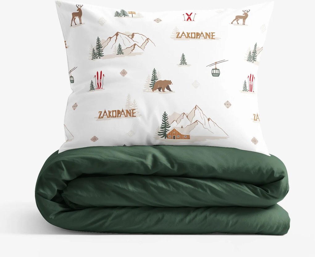 Goldea pamut ágyneműhuzat duo - zakopane, sötétzöld hátoldal 220 x 200 és 2db 70 x 90 cm