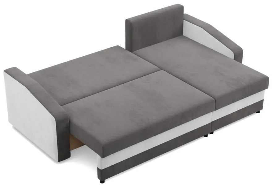 Hewlet sarokkanapé, 1 ágyneműtartóval, szövet anyag, univerzális oldal, bonell töltet, szürke - fehér