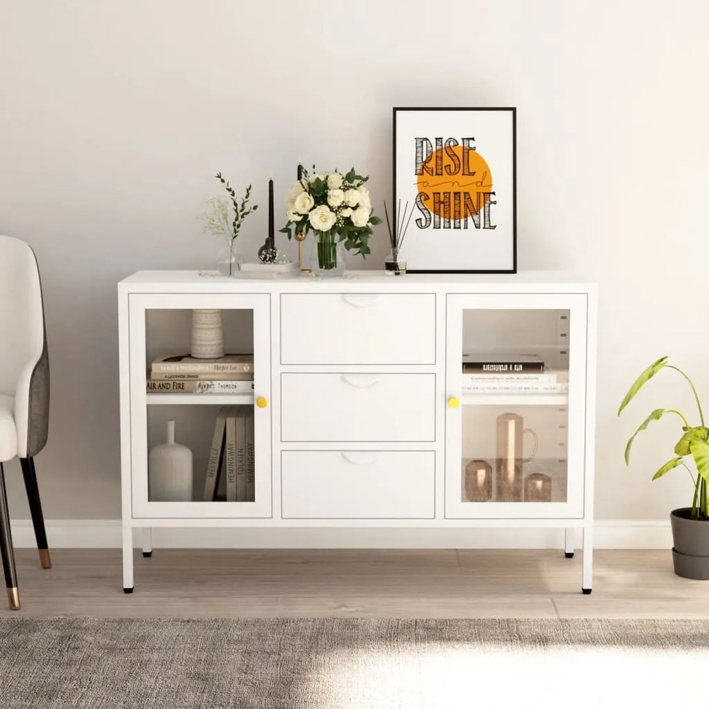 fehér acél és edzett üveg tálalószekrény 105 x 35 x 70 cm