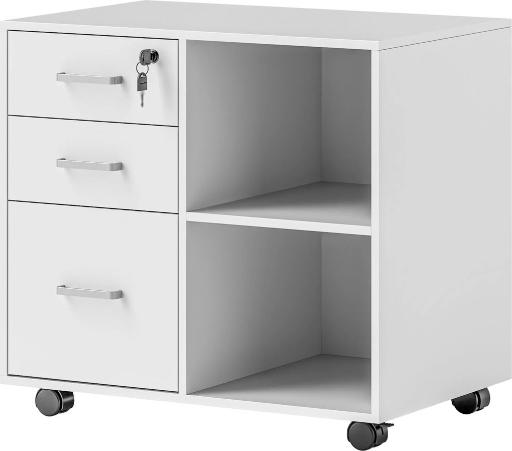 HOMCOM Irodai Dokumentumtároló Fiók 3 Fiókkal, Kerekeken Görgethető Fa Irodai Bútor, Zárható Fiókkal és Kulccsal, Irodához és Tanuláshoz, 60x40x56 cm,