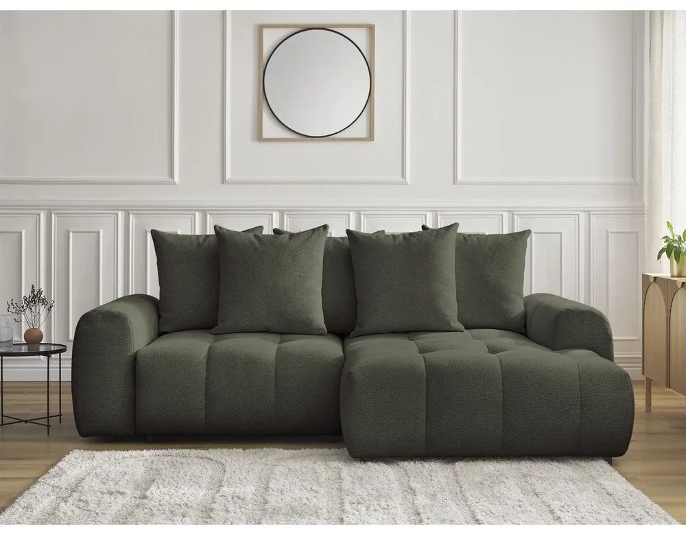 Khaki zsenília kinyitható-tárolóhelyes sarokkanapé (jobb oldali-heverő résszel) Roxelane – Bobochic Paris