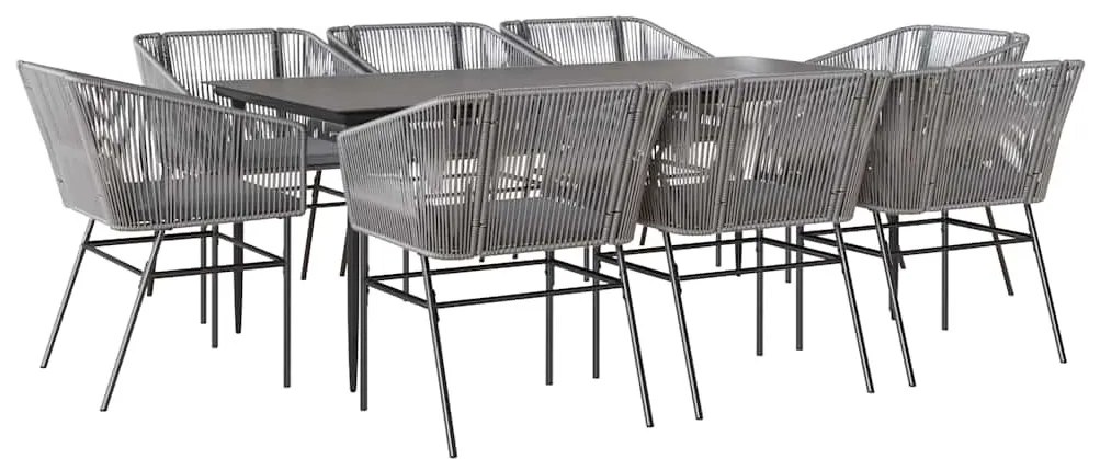9 részes szürke polyrattan üveg kerti étkezőgarnitúra párnával
