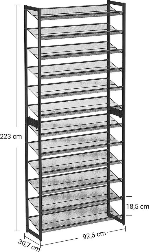 Egymásra rakható 12 szintes cipőtartó, állítható cipőspolc, fekete