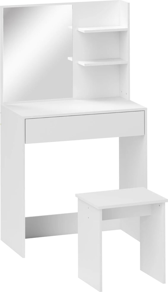 HOMCOM 3-Tier Sminkasztal Fiókokkal, Tükörrel és Illő Székkel, Chipboard Hálószoba Sminkasztal, 75x40x137 cm, Fehér | Aosom