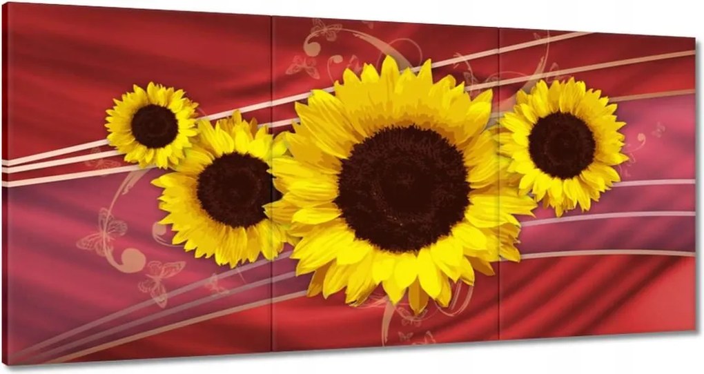 Vászonkép 180x90 Sárga napraforgók piros alapon absztrakt