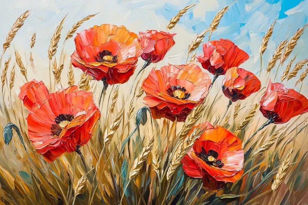 Vászonkép Canvas Olaj Mező Falu Gabona Virágok Piros Pipacsok 120x80