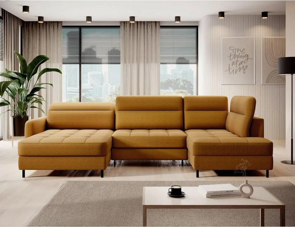 Sárga bársony kinyitható-tárolóhelyes sarokkanapé (jobb oldali-U alakú) Berrto – ELTAP