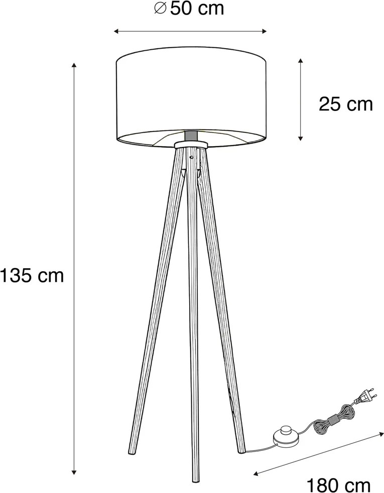 Állólámpa diófa háromlábú állvánnyal, piros lámpabúrával és arany belsővel 50cm - Tripod Classic