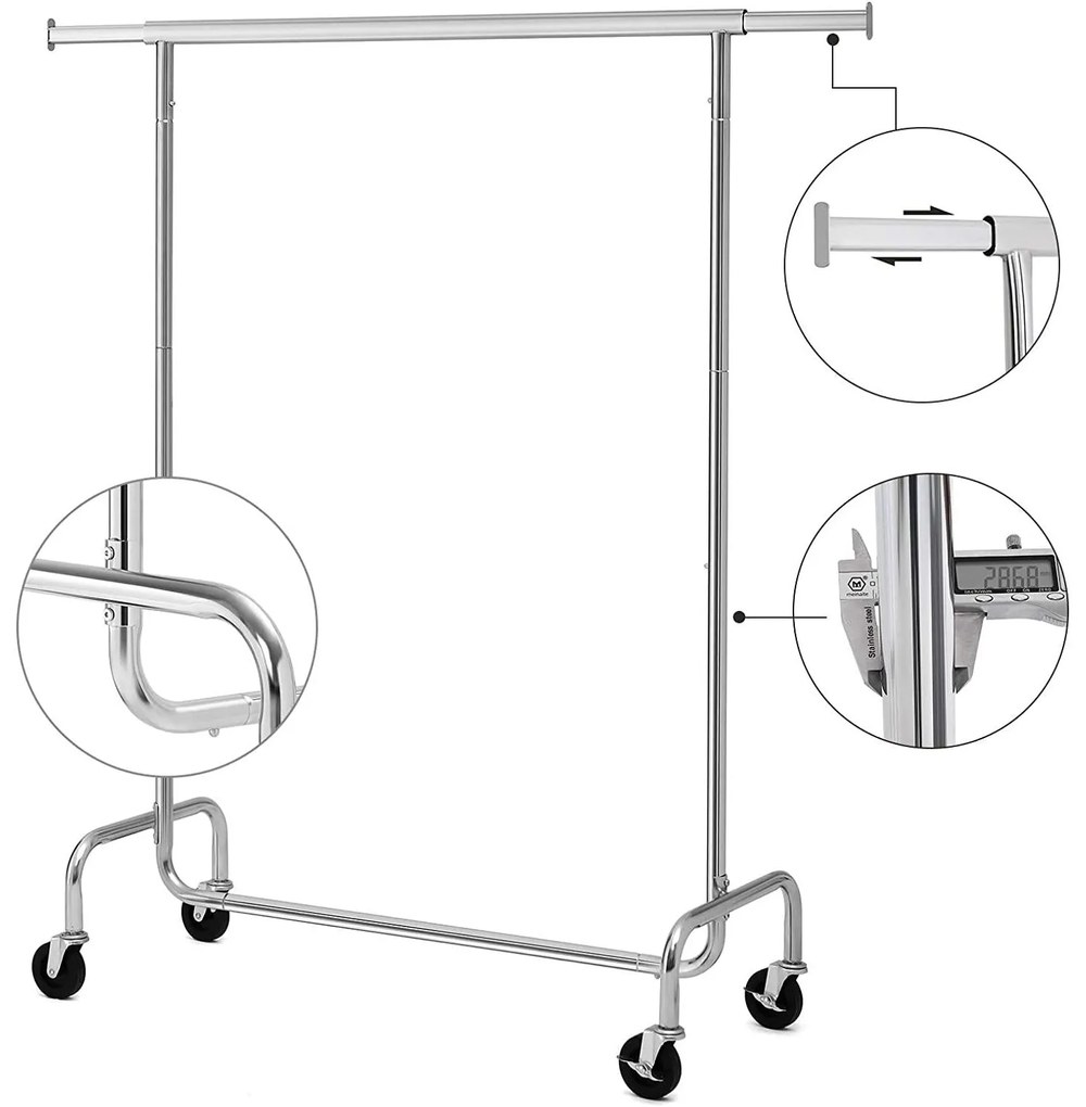 Nagy teherbírású fém ruhatartó kerekekkel, 130 kg-ig terhelhető,  hossza 110-150 cm