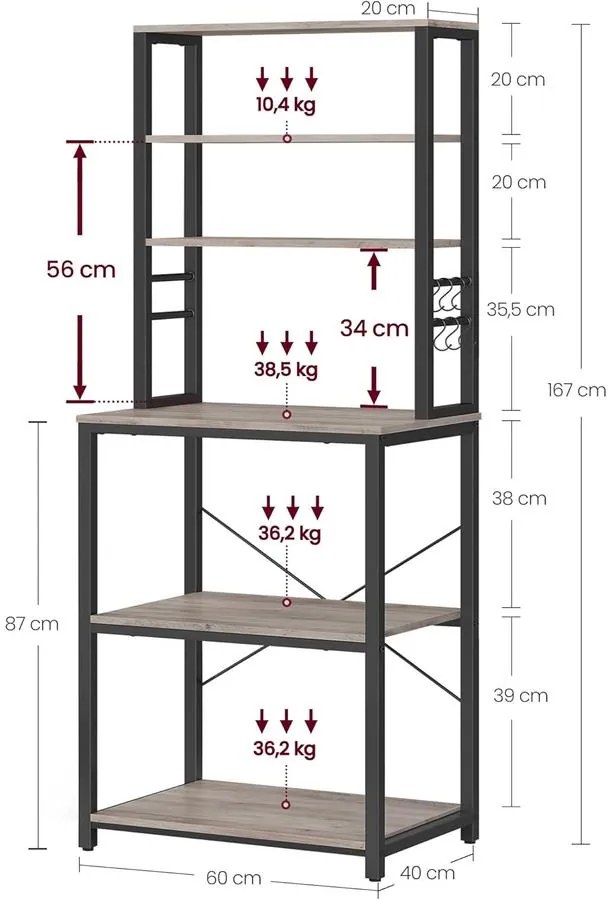 VASAGLE konyhai tárolóállvány, 40 × 60 × 167 cm, greige és fekete színben