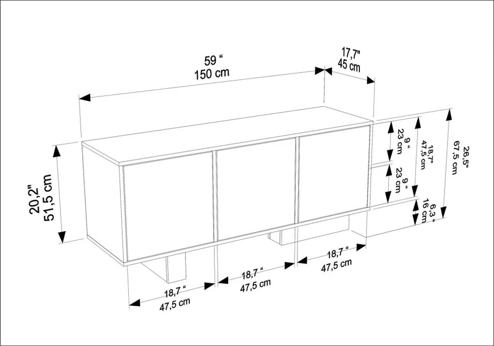 Monaco komód, dió-travertin, 150 cm