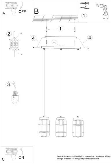 Sollux SL.1264 - Csillár zsinóron GOTTO 3xE27/15W/230V fekete