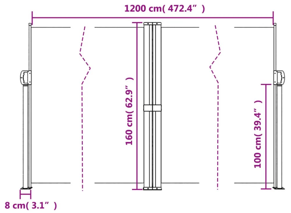 fekete behúzható oldalsó napellenző 160 x 1200 cm