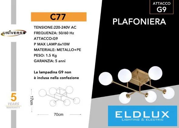 UNIVERSO Mennyezeti lámpa 6xG9 max.10w 700x700x170mm IP20 Óarany 5év
