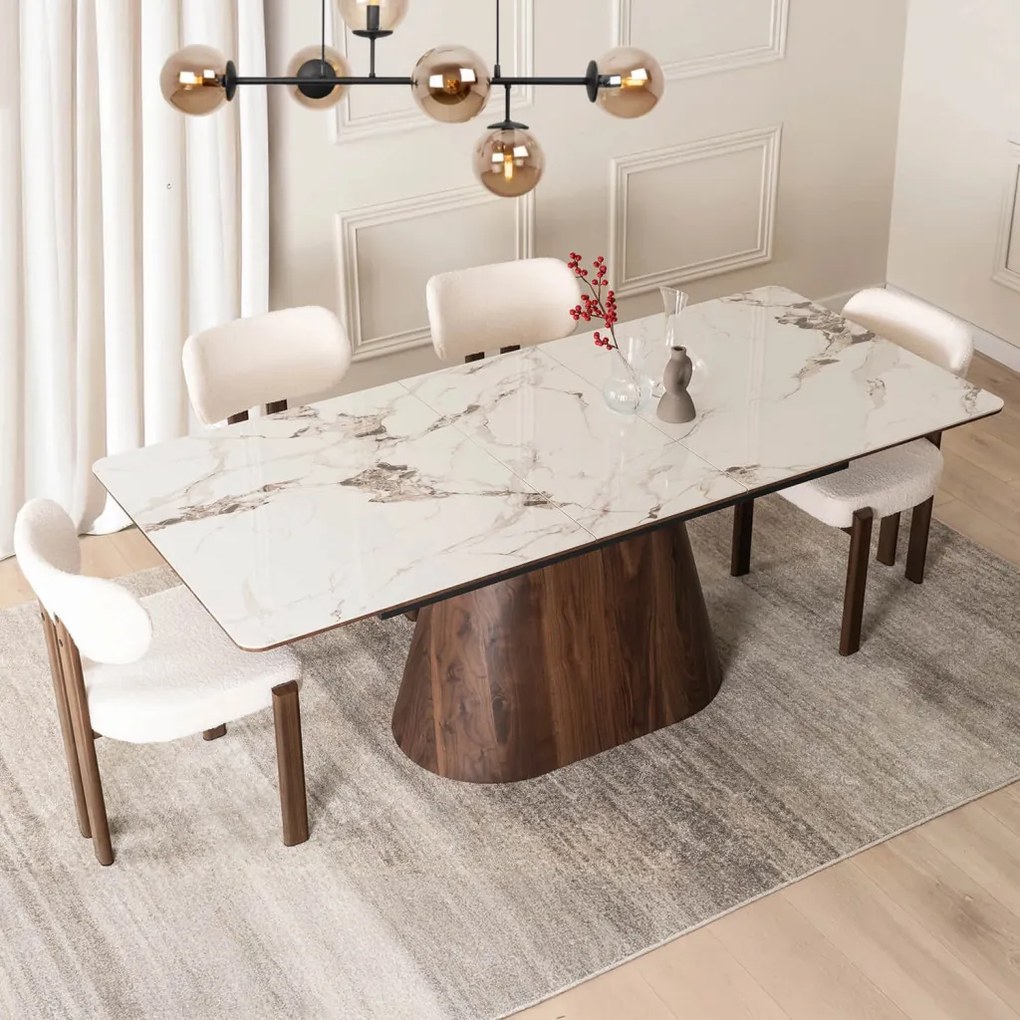 Stół LIZBONA Ceramiczny Rozkładany 160-200 cm Biały Marmur/Orzech