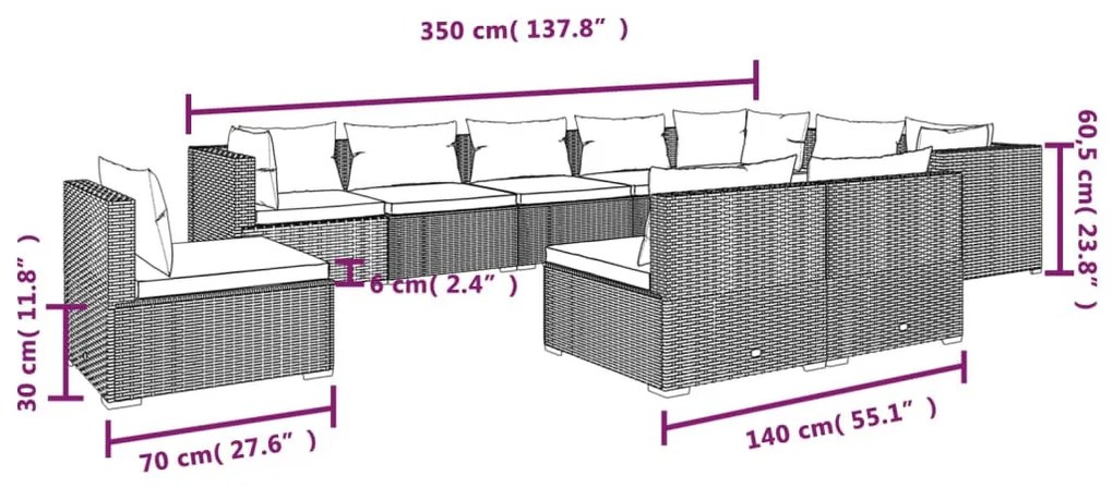 10 részes barna polyrattan kerti ülőgarnitúra párnákkal