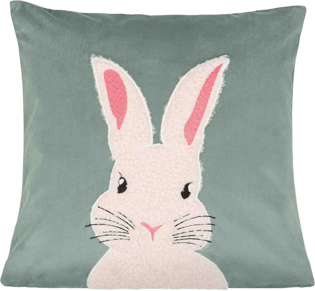 Dekoratív párnahuzat Bunny 45x45 zsályás, nyuszi applikációval díszített