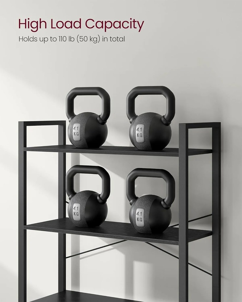 6 szintes magas könyvespolc, szabadon álló polc, acélkeret, fekete