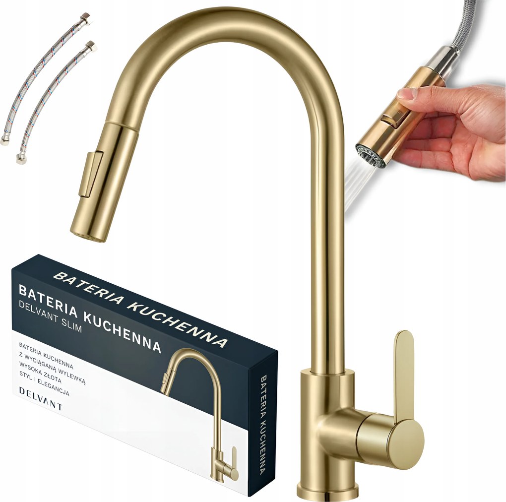 Konyhai Csaptelep Kihúzható Kifolyócsővel Mosogató Csaptelep Delvant Slim Arany