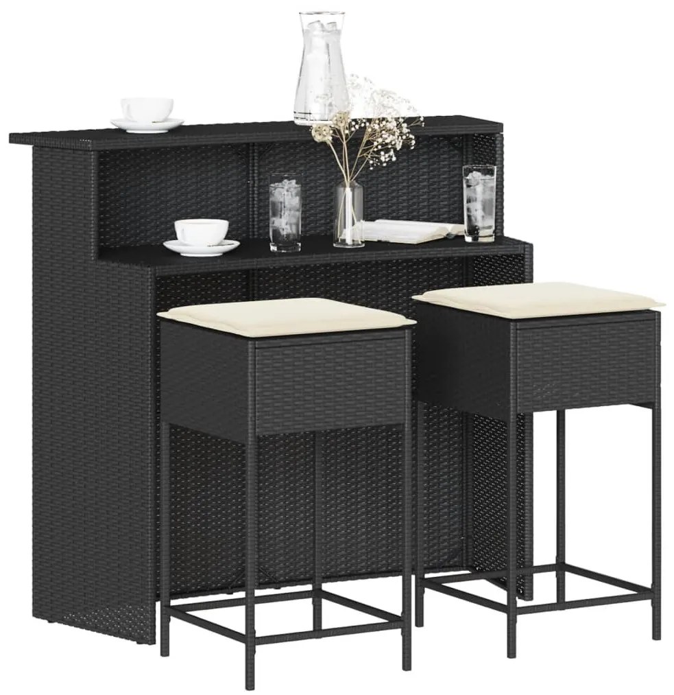 vidaXL 3 részes fekete polyrattan kerti bárszett párnával