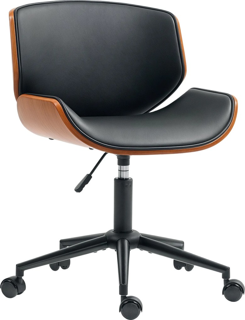 HOMCOM mid-century stílusú kar nélküli irodai szék — ergonomikus, magasságban állítható, 360° forgás, műbőr, fekete/dió | Aosom