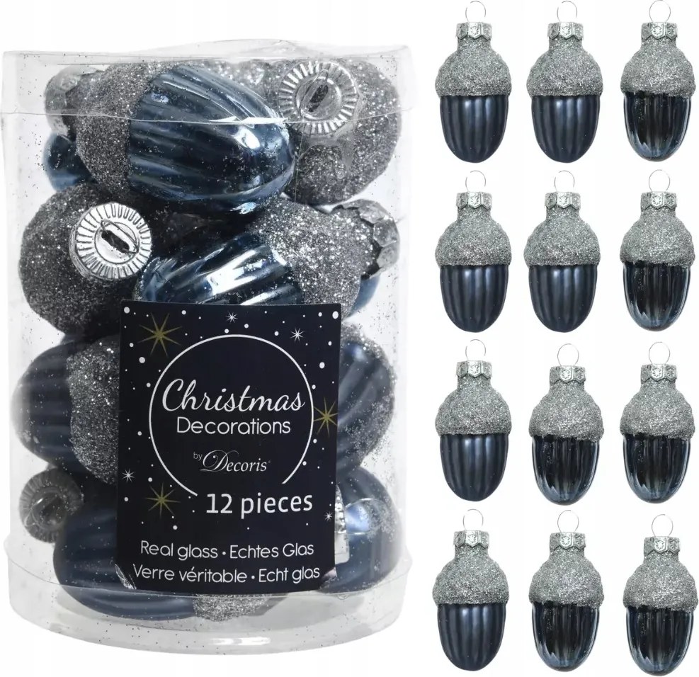 Makk alakú üveggömbök makk 12db-os sötétkék karácsonyfadísz