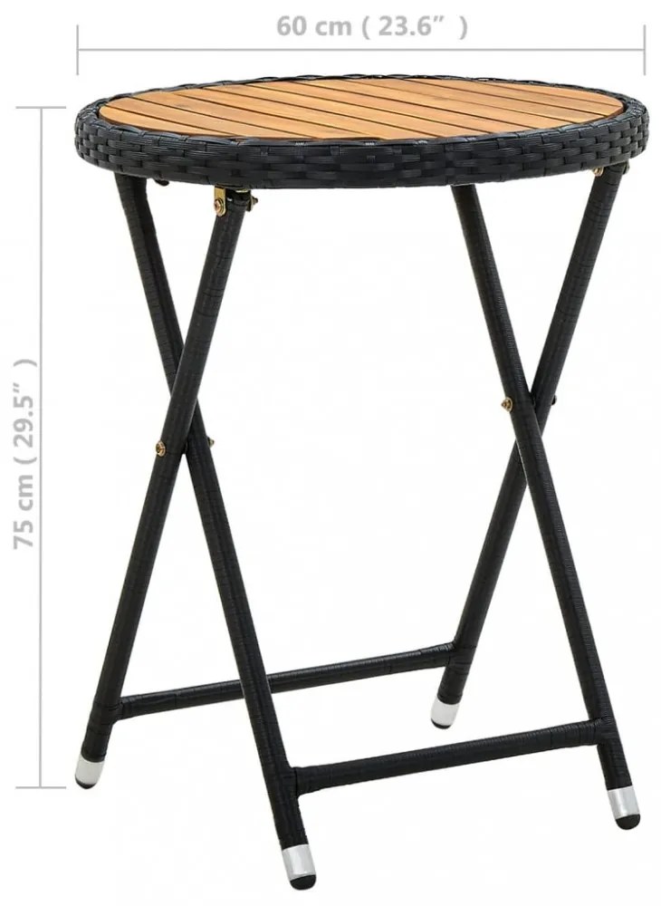 fekete polyrattan és tömör akácfa teázóasztal 60 cm