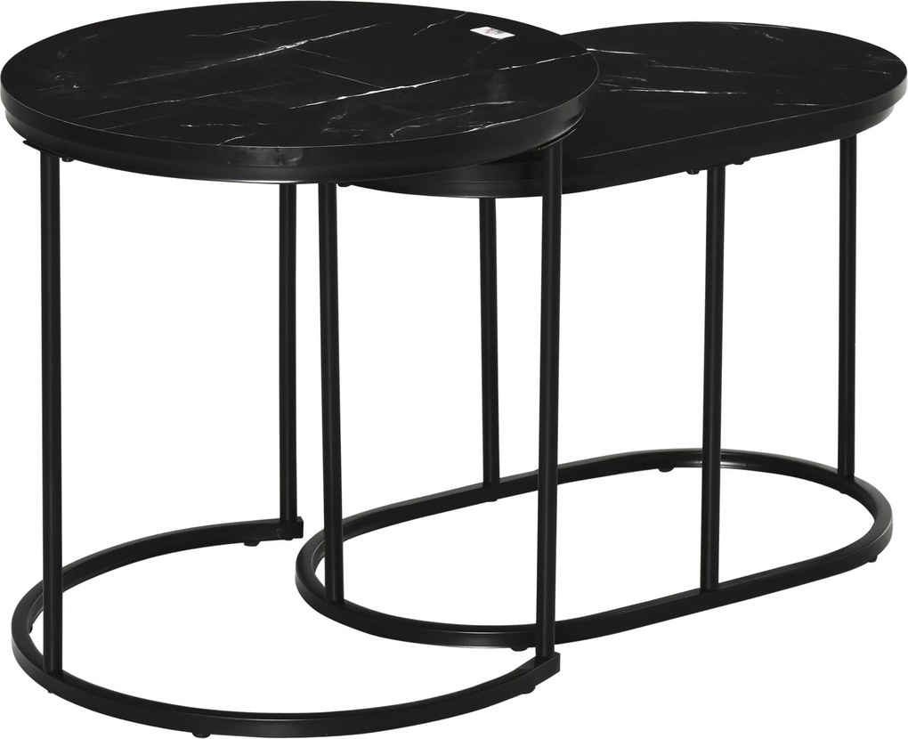 HOMCOM 2 darabos kávézóasztal szett egymásra rakható oldalasztal acél kerettel, kávézóasztal nappaliba és hálószobába - Fekete | Aosom